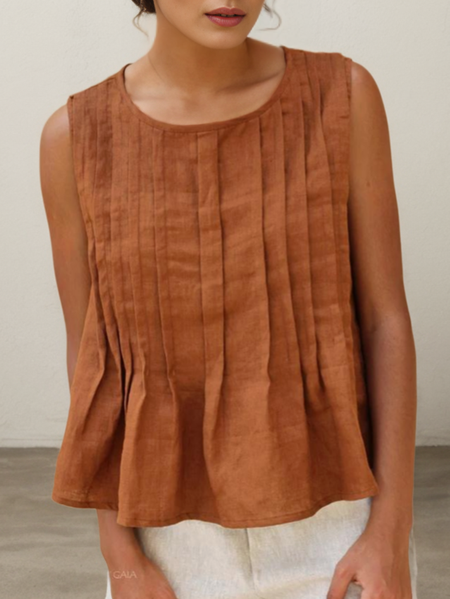

Cotton And Linen Linen Plain Crew Neck Tank Top, Brown, Tank Tops & Camis