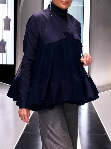 

Urban Stand Collar Split Joint Blouse, Dark blue, Blouses and Shirts
