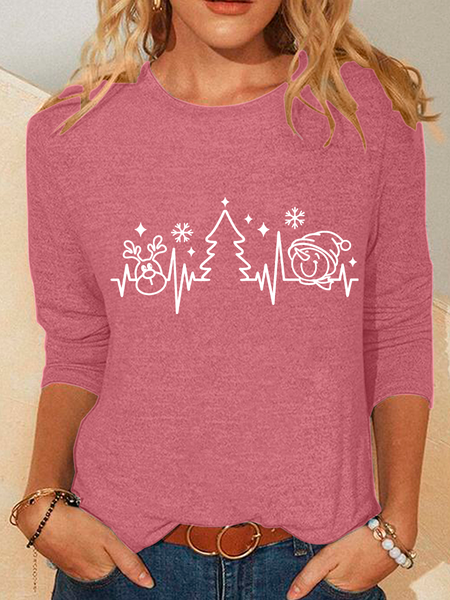 

Christmas Heartbeat Snowman Casual Long Sleeve Shirt, Watermelon, Long sleeves