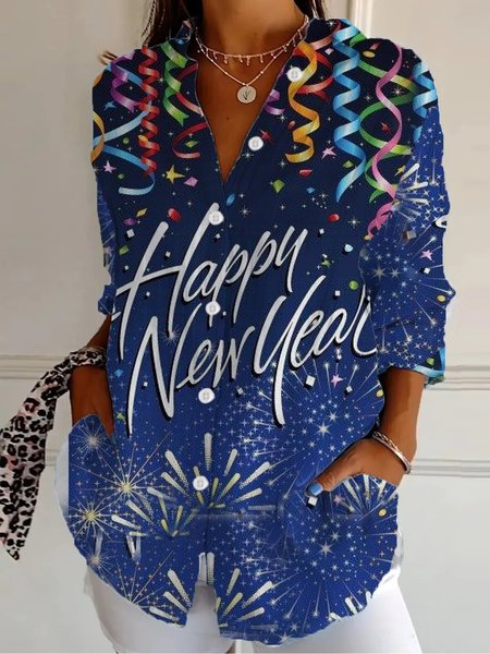 Shirt Collar Long Sleeve Abstract Regular Loose Shirt For Women, Blue, Shirts