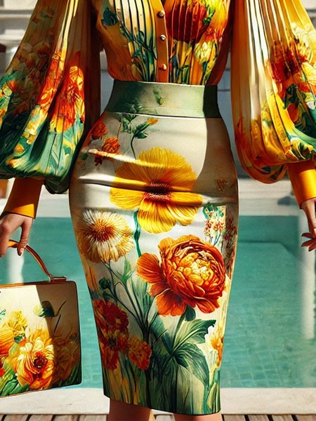 

Printing Floral Elegant Skirt, As picture, Skirts