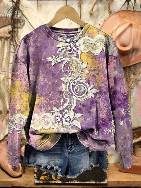 Casual Crew Neck Abstract Sweatshirt, Purple, Hoodies & Sweatshirts