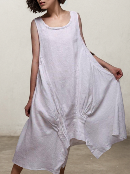 Linen Plain Crew Neck Maxi Dress, White, Midi Dresses