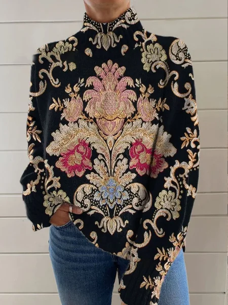 

Women's Turtleneck Floral Casual Spring/Fall Long Sleeve Sweatshirt, Black, Sweatshirts & Hoodies