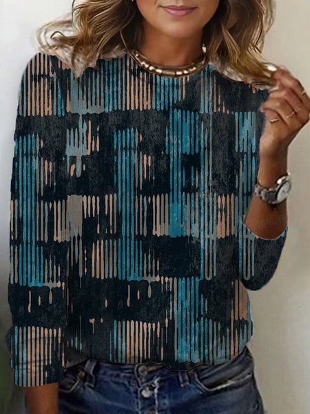 

Women's Long Sleeve Tee T-shirt Spring/Fall Abstract Stripes Jersey Crew Neck Daily Going Out Casual Top, Blue, T-Shirts