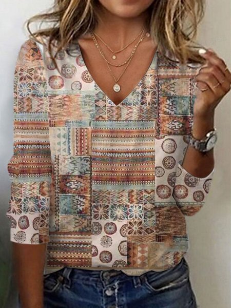

Women's Long Sleeve Tee T-shirt Spring/Fall Ethnic Jersey V Neck Daily Going Out Casual Top, Khaki, T-Shirts