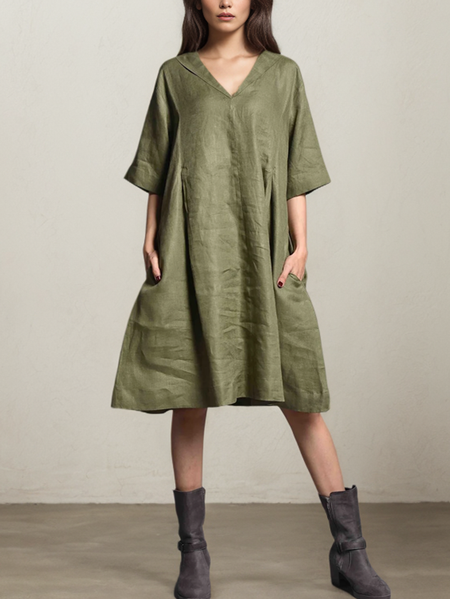

Linen Plain V Neck Mini Dress, Green, Midi Dresses