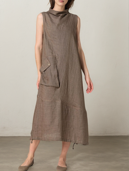 Linen Plain Mock Neck Maxi Dress, Brown, Midi Dresses