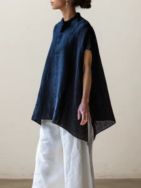 

Linen Plain Stand Collar Blouse, Purplish blue, Blouses & Shirts
