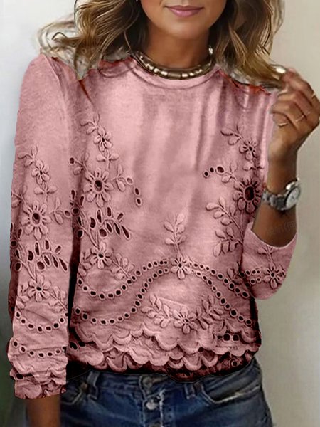 

Casual Floral Crew Neck Long Sleeve T-shirt, Pink, T-shirts