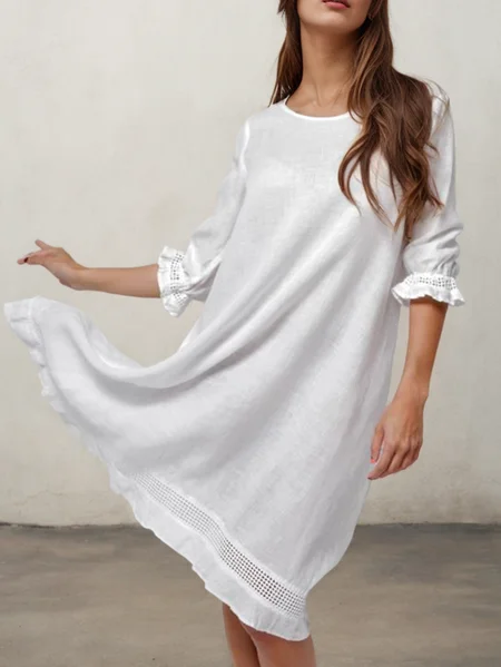 

STYLE WE x CHILLINEN |Linen Plain Crew Neck Mini Dress, White, Midi Dresses