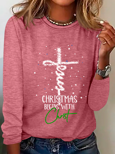 

Christmas Begins With Christ Snowman Print Casual Long Sleeve Shirt, Watermelon, Long sleeves