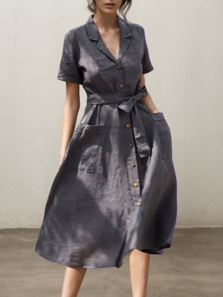 

Linen Plain Camp Collar Maxi Dress, Purplish blue, Midi Dresses