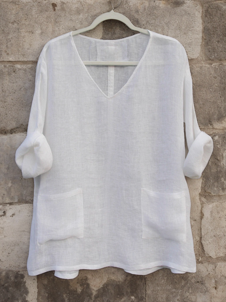 

Linen Loose V Neck Blouse, White, Blouses & Shirts