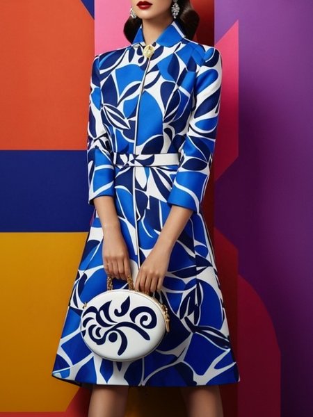 

Floral Elegant Shawl Collar Dress With Belt, As picture, Midi Dresses