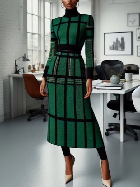

Plaid Urban Turtleneck Sweater Midi Dress, Green, Midi Dresses