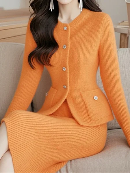 

Elegant Plain Crew Neck Buttoned Cardigan Sweater, Orange, Cardigans