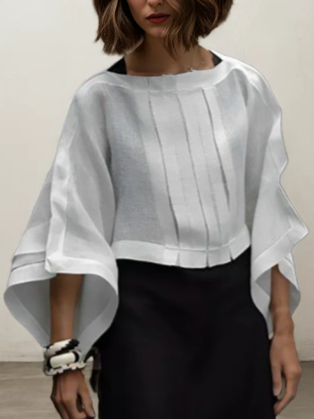 Ramie Linen Plain Crew Neck Blouse, White, Blouses & Shirts