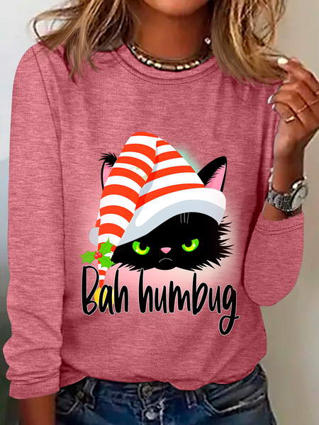 

Bah Humbug Christmas Cat Casual Long Sleeve Shirt, Watermelon, Long sleeves