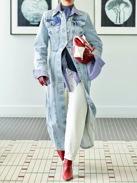 

Plain Casual Shirt Collar Denim Coat With No Brooch, Blue, Jackets