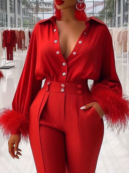 

Urban Shirt Collar Feather-Trimmed Plain Shirt, Red, Blouses and Shirts