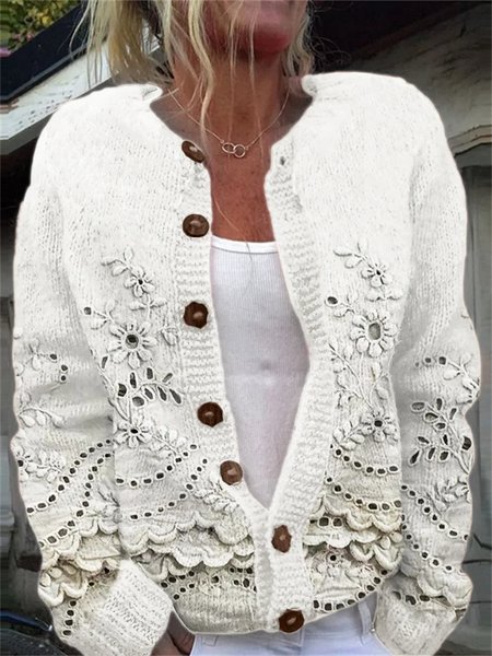 

Women Knitted 3D Printing Long Sleeve Comfy Casual Cardigan, White, Cardigans