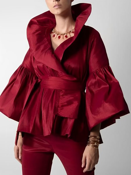 

Plain Ruched Elegant Jacket With Belt, Deep red, Jackets