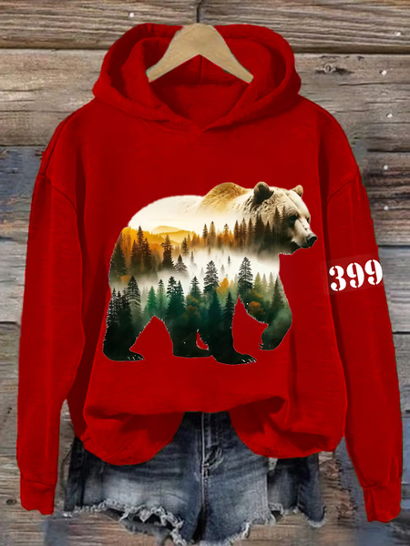 Women's Grizzly Bear 399 Printed Casual Hooded Sweatshirt, Red, Hoodies&Sweatshirts