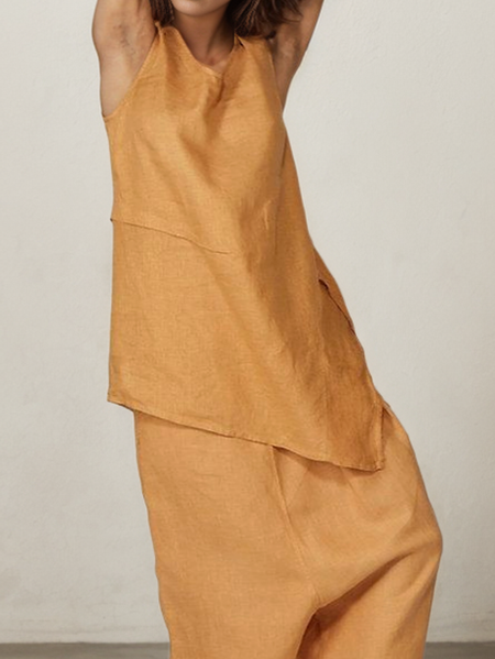 

Cotton And Linen Linen Plain Crew Neck Tank Top, Orange, Tank Tops & Camis