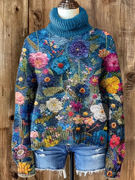 

Casual Turtleneck Floral Sweatshirt, Blue, Hoodies & Sweatshirts
