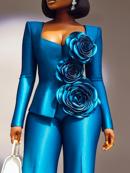 

Urban Long Sleeve V Neck Jacket With 3D Floral, Blue, Jackets