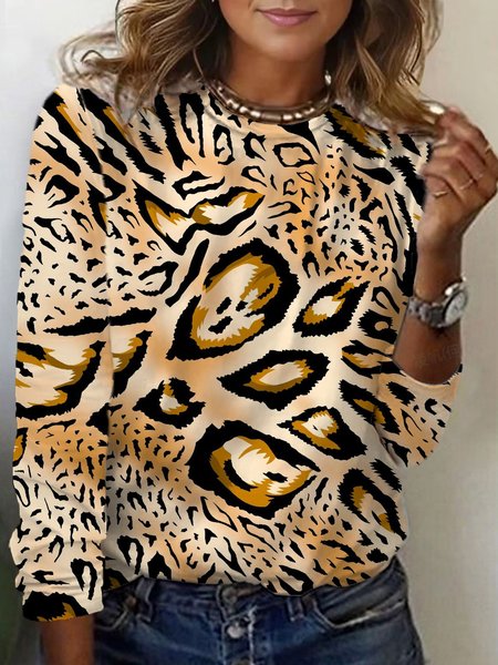 

Leopard Print Long Sleeve Crew Neck T-shirt, Brown, Long sleeves