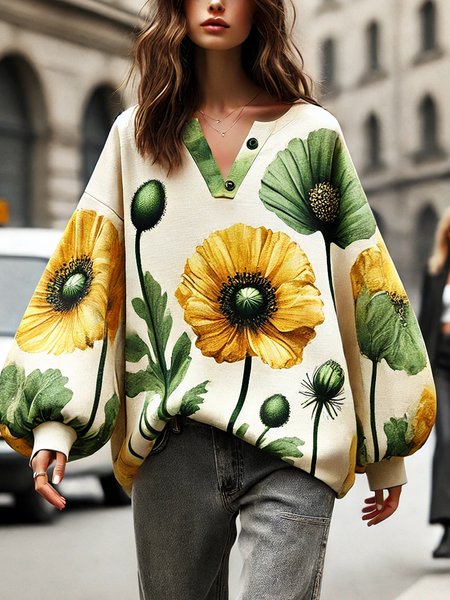 

Printing Balloon Sleeve Floral Loosen Casual Sweatshirt, As picture, Hoodies and Sweatshirts