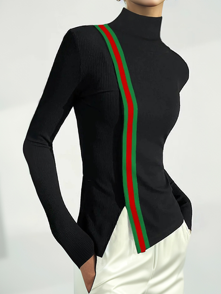 

High Elasticity Tight Casual Color Block T-Shirt, Black, Tees