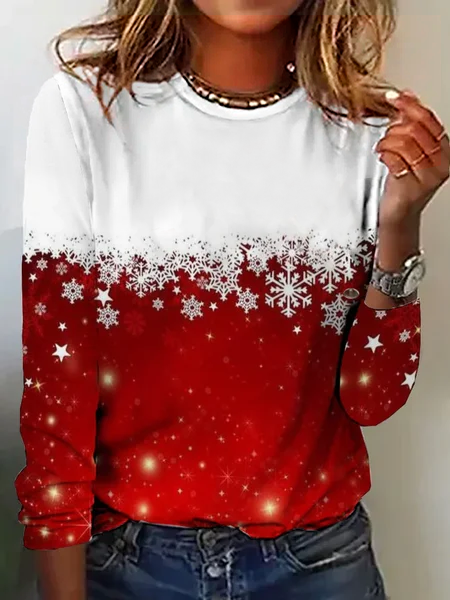 

Casual Christmas Snowflakes Ombre Pattern Crew Neck Long Sleeve T-shirt, Wine red, Blouses