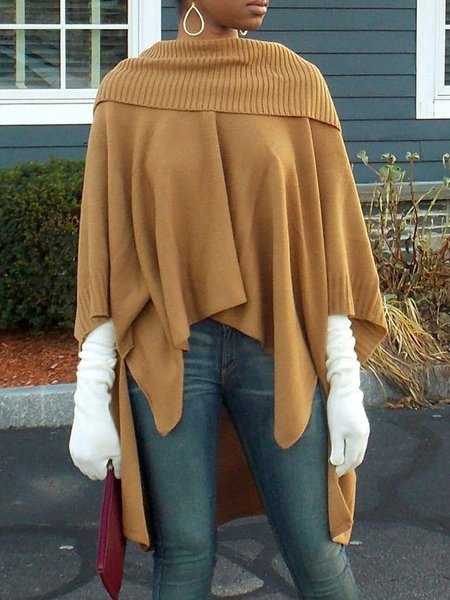 Loose Casual Plain Sweater Cloak, Yellow brown, Pullovers