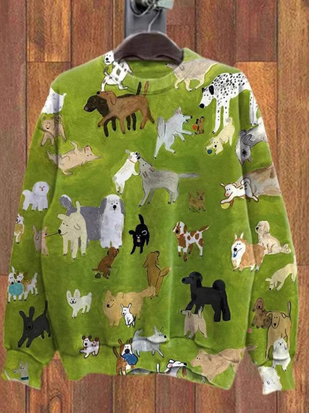 Casual Crew Neck Dog Sweatshirt, Green, Hoodies & Sweatshirts