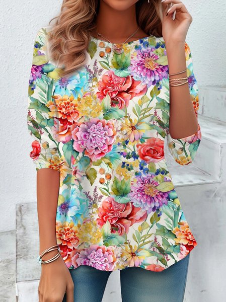 

Casual Floral Pattern Crew Neck Long Sleeve T-shirt, Red, Blouses