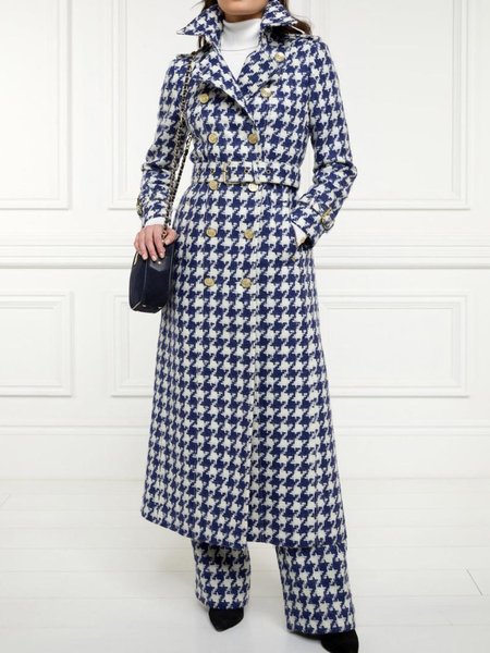 

Urban Plaid Lapel Collar Coat With Belt, White-blue, Coats