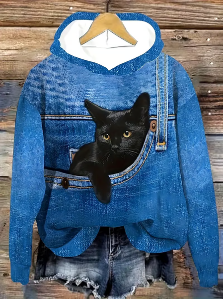 

Women's Cowboy Pocket Cat With Braces Print Casual Sweatshirt Hoodie, Blue, Hoodies&Sweatshirts
