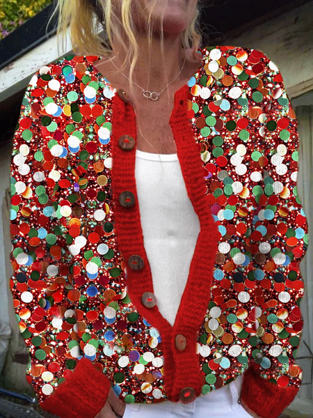 

Women's Holiday Sequin Pattern Thicken Loose Jacket, Red, Outerwear