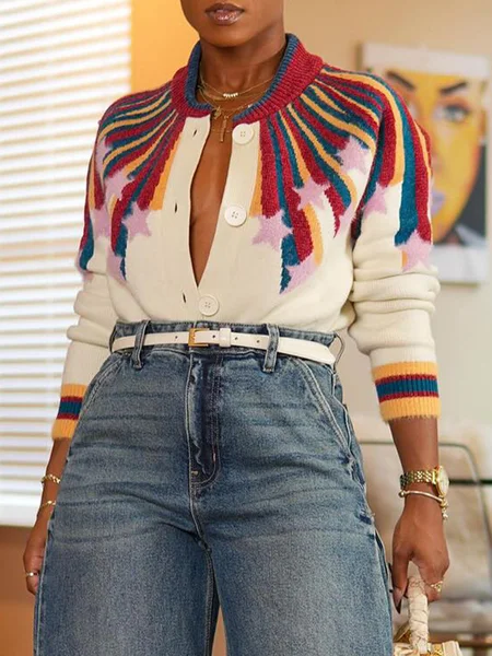 Color Block Loose Sweater Cardigan, As picture, Cardigans