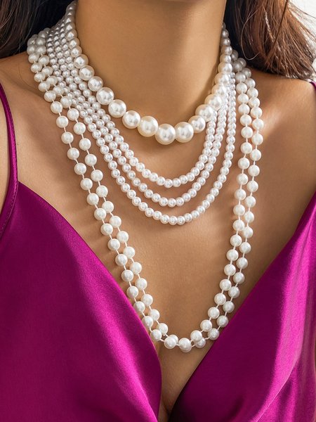 

Elegant Plain Pearl Layer Sets, White, Necklaces