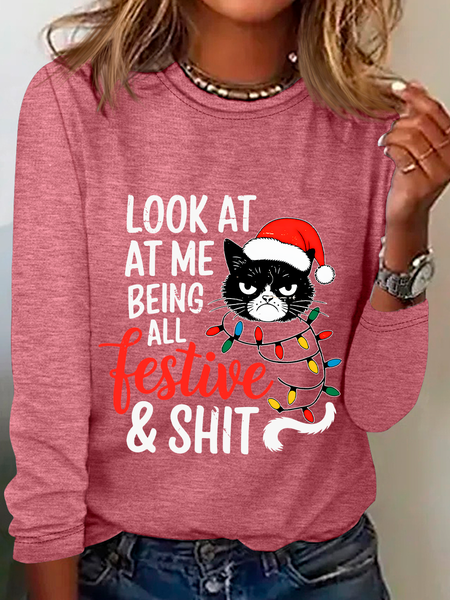 

Grumpy Cat Christmas Look At Me Being All Festive Casual Long Sleeve Shirt, Watermelon, Long sleeves