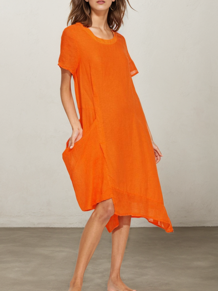 

Linen Plain Crew Neck Midi Dress, Orange, Midi Dresses