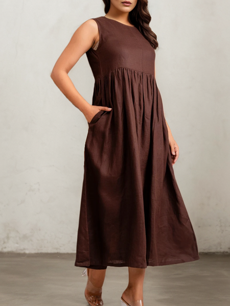 

Linen Plain Crew Neck Maxi Dress, Brown, Midi Dresses