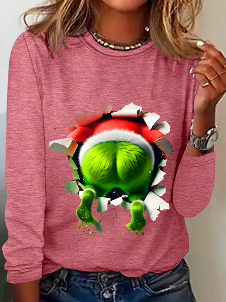 

Crew Neck Long Sleeve Christmas Regular Medium Elasticity Loose Blouse For Women, Watermelon, Blouses