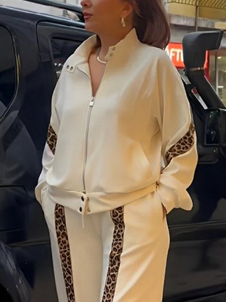 

Casual Mock Neck Leopard Raglan Sleeve Loosen Jacket, White, Jackets