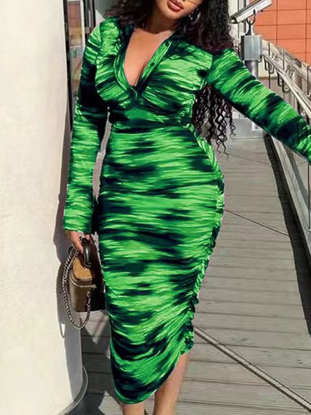 

Elegant Random Print Bodycon Dress, Green, Midi Dresses