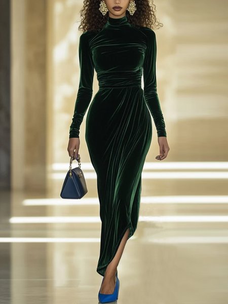 

Elegant Mock Neck Plain Ruched Maxi Dress, Dark green, Maxi Dresses
